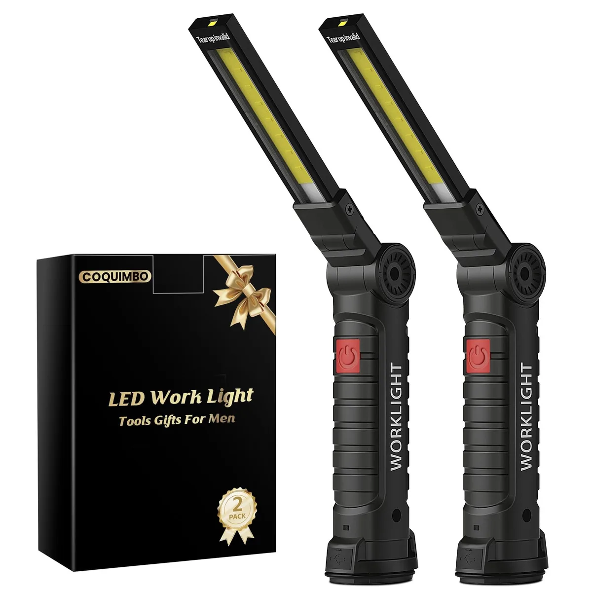 Two compact black LED flashlights with magnetic bases and foldable hooks, shown side by side