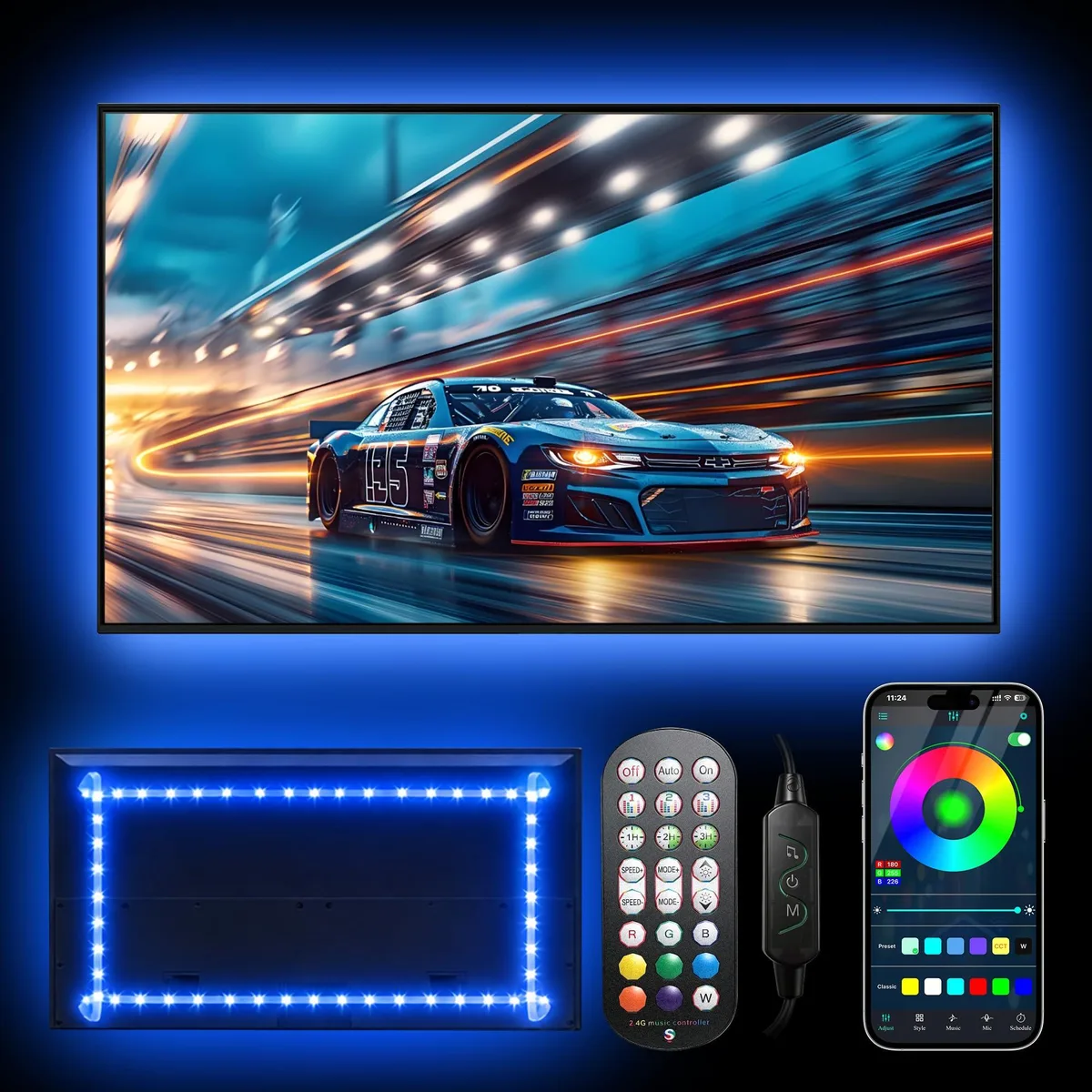 White 13.1ft LED strip kit with clear prismatic finish, USB-powered controller and 21-button remote