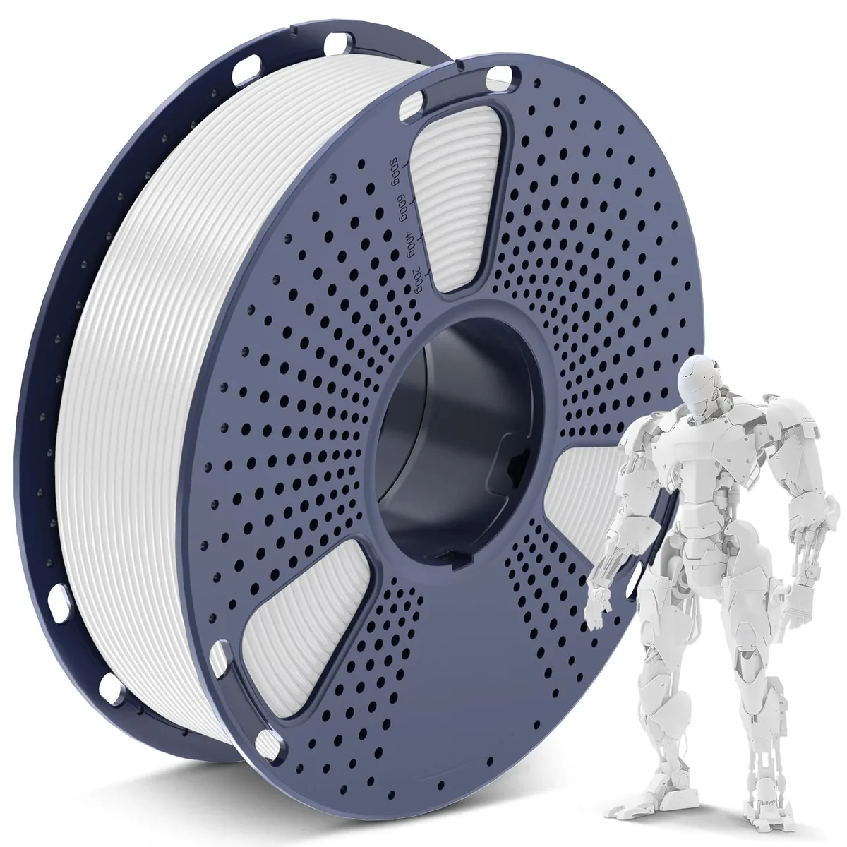 White PLA filament spool, neatly wound on a plastic reel