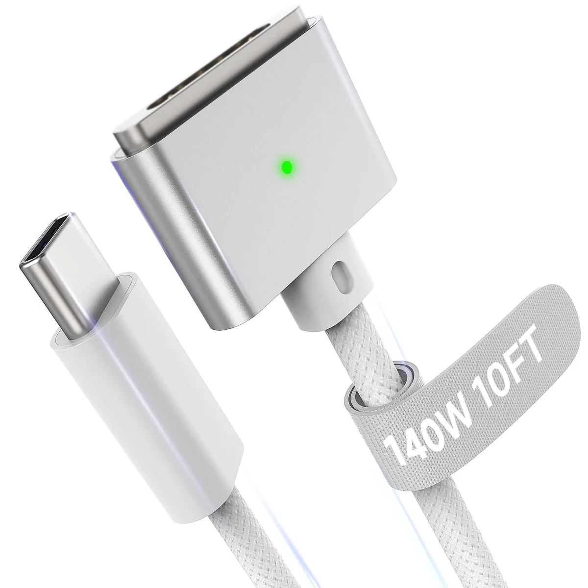 White braided USB-C cable with magnetic connector, 9.8 ft long