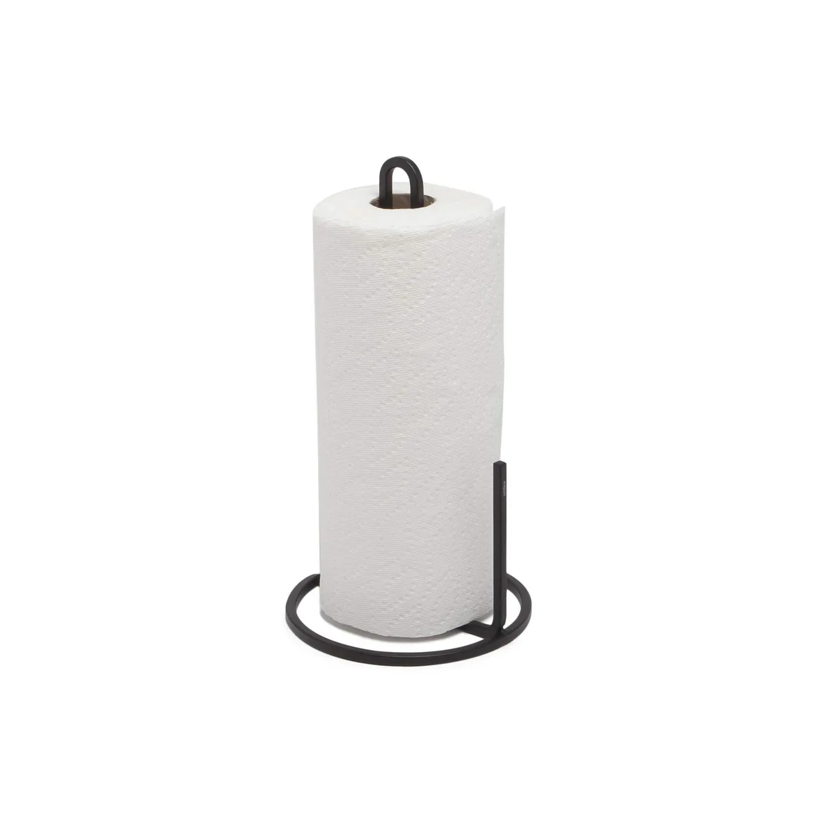 Black free-standing steel paper towel holder with square wire frame and top handle