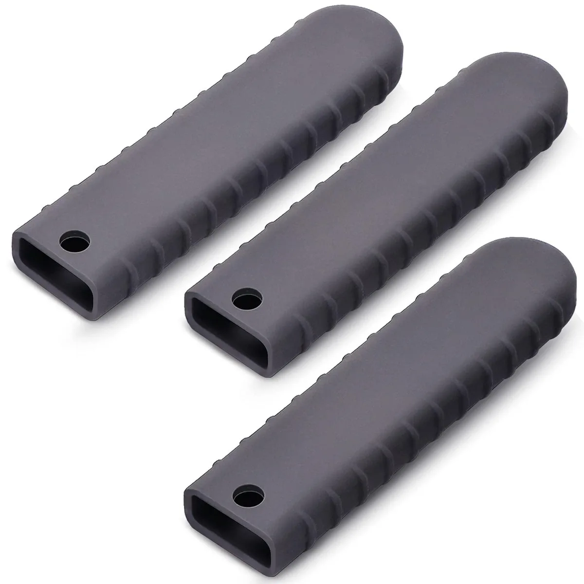 Three grey silicone handle sleeves with hanging holes