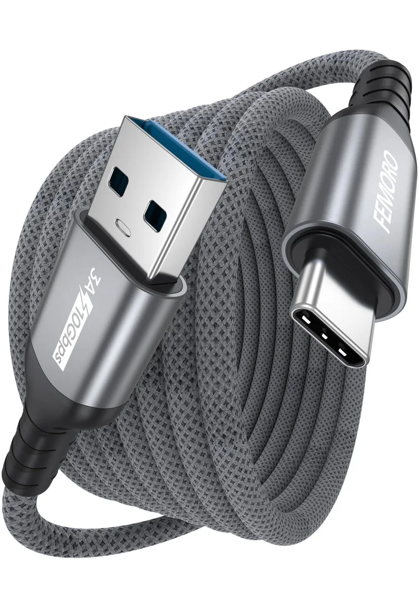 Grey braided USB-A to USB-C cable ten feet long with metal connectors