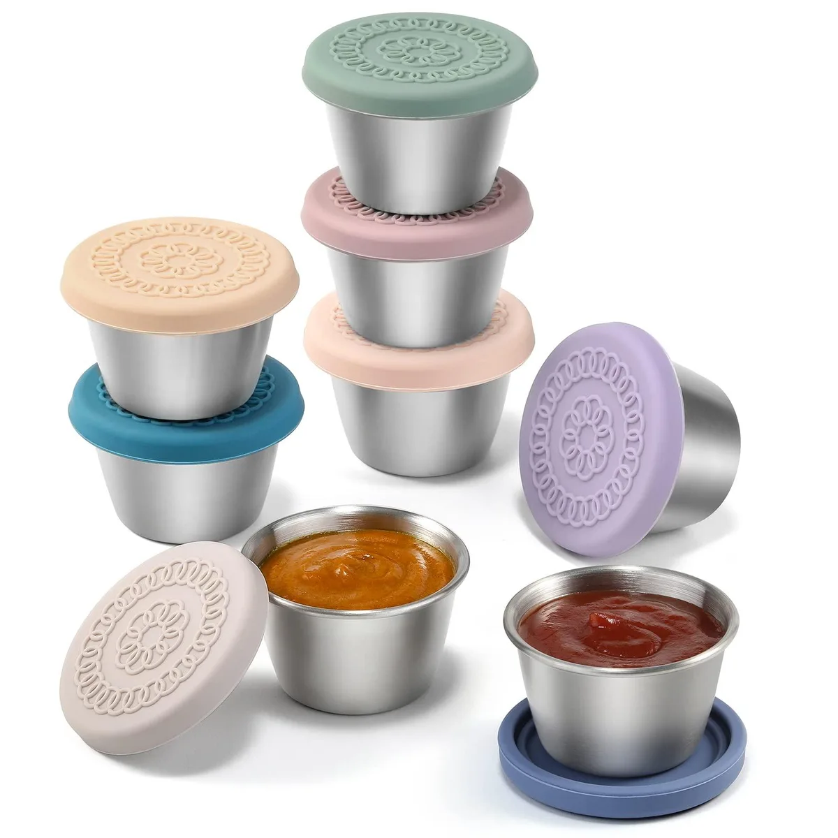 Eight stainless steel sauce cups with colourful silicone lids in a row