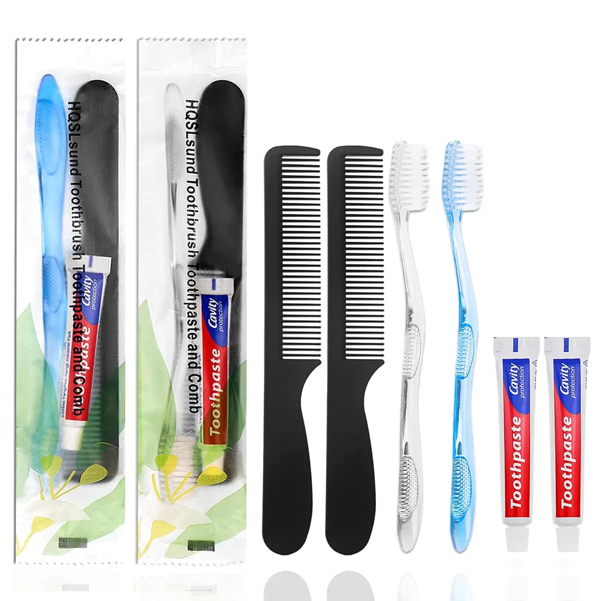 Fifty individually wrapped sets each holding a transparent and blue toothbrush a 10g mint toothpaste tube and a black seven inch comb
