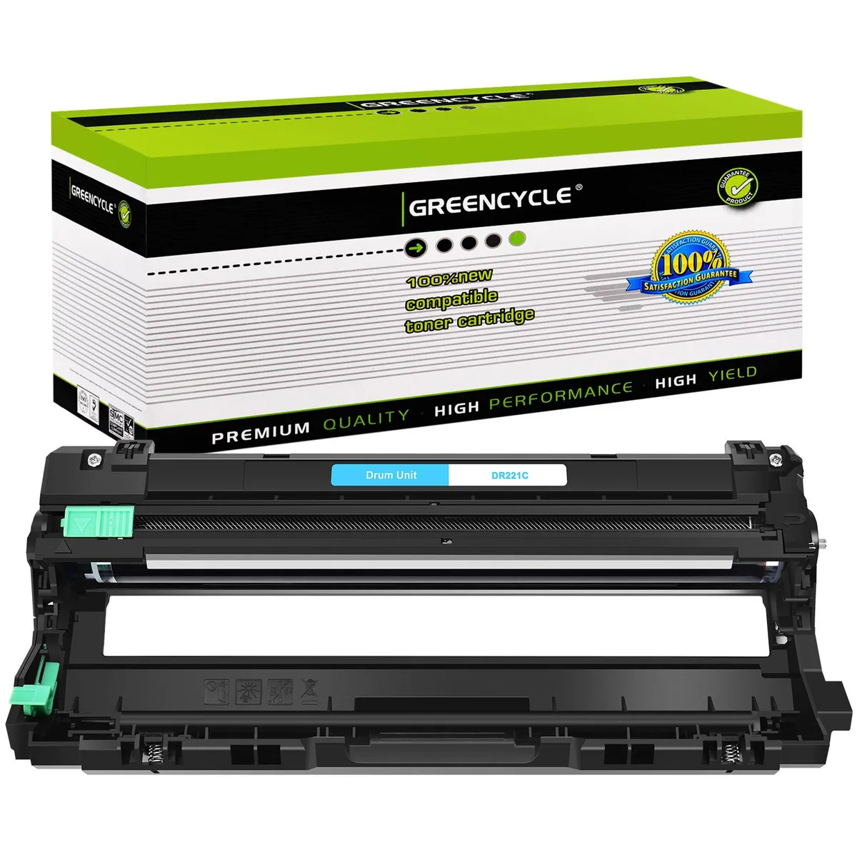 Cyan drum unit in light plastic housing with green brand label
