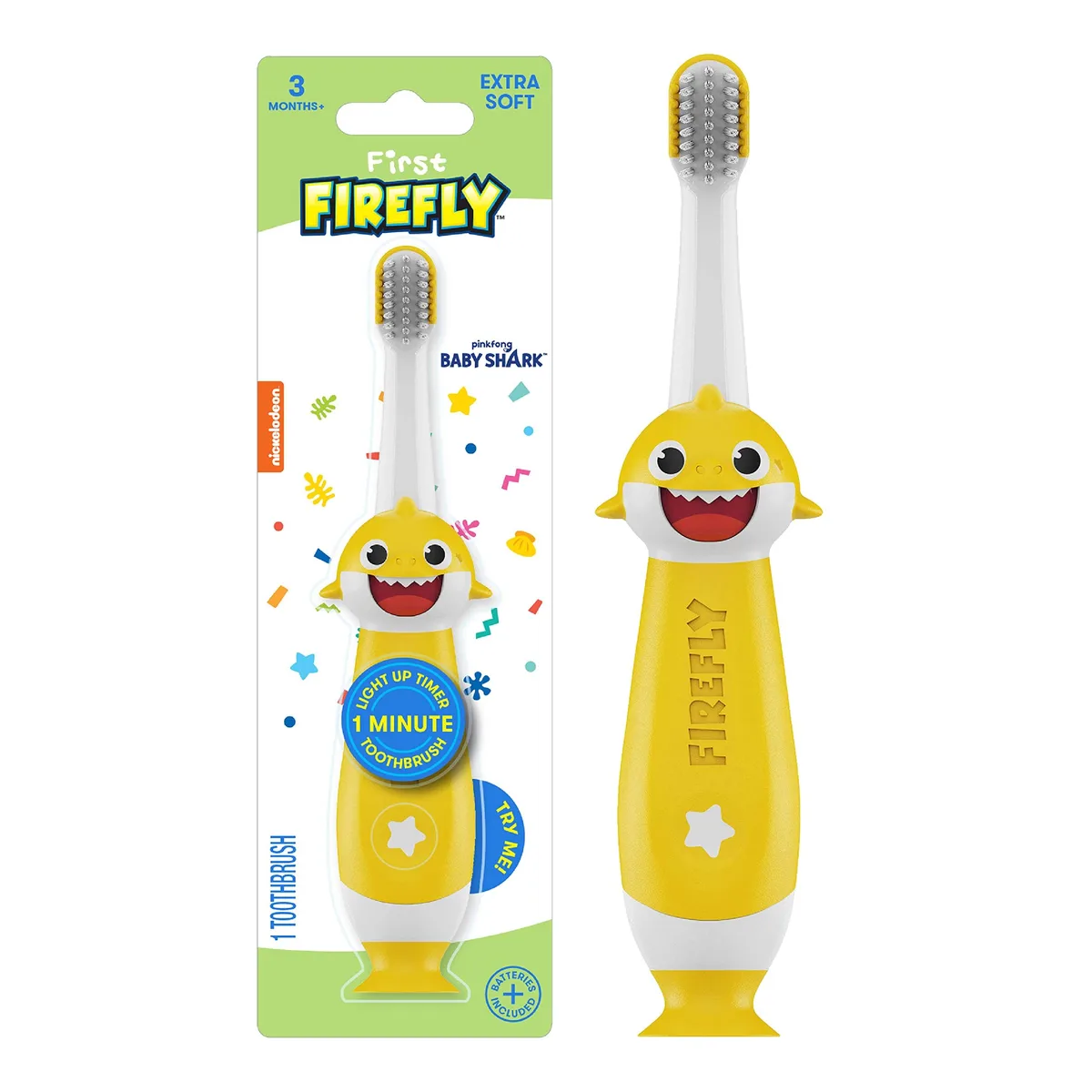 Yellow Baby Shark training toothbrush with light-up timer and suction-cup base