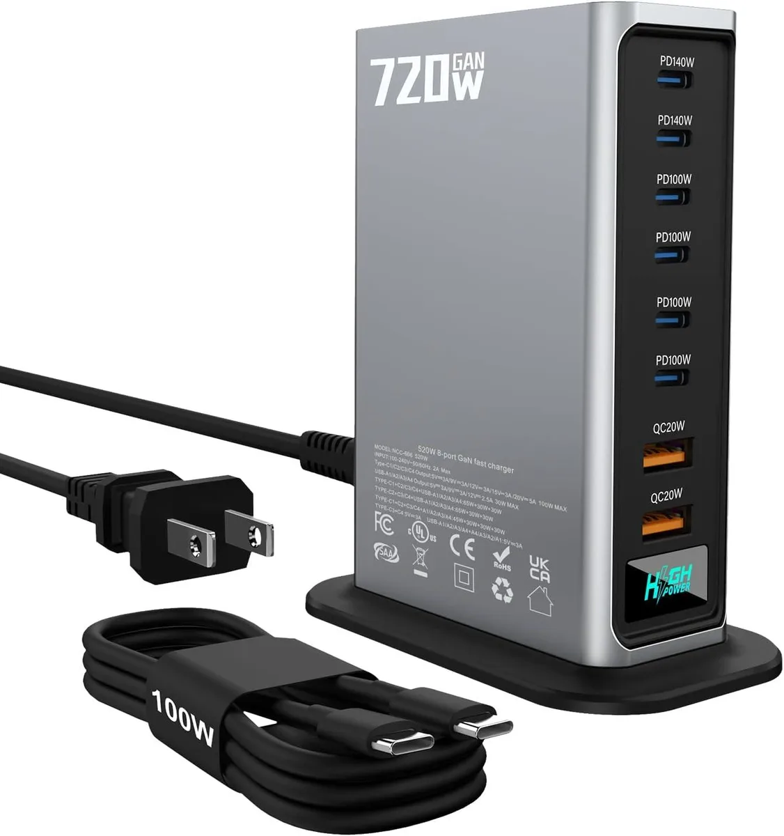 Silver rectangular GaN charger block with eight USB ports visible on the front face