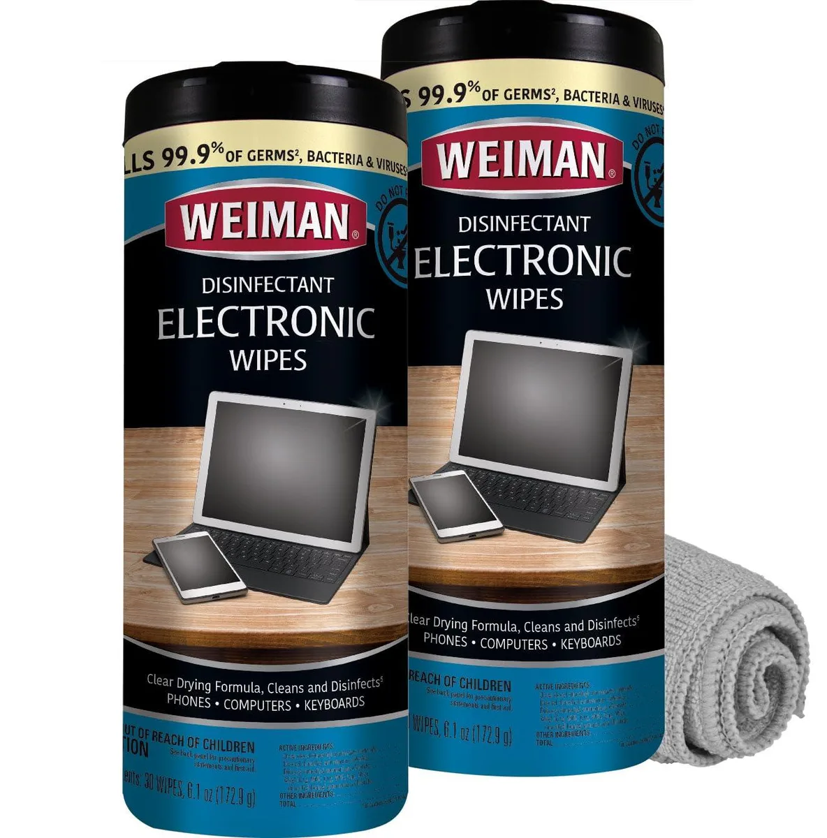 Two cylindrical jars of wipes and a folded microfiber cloth