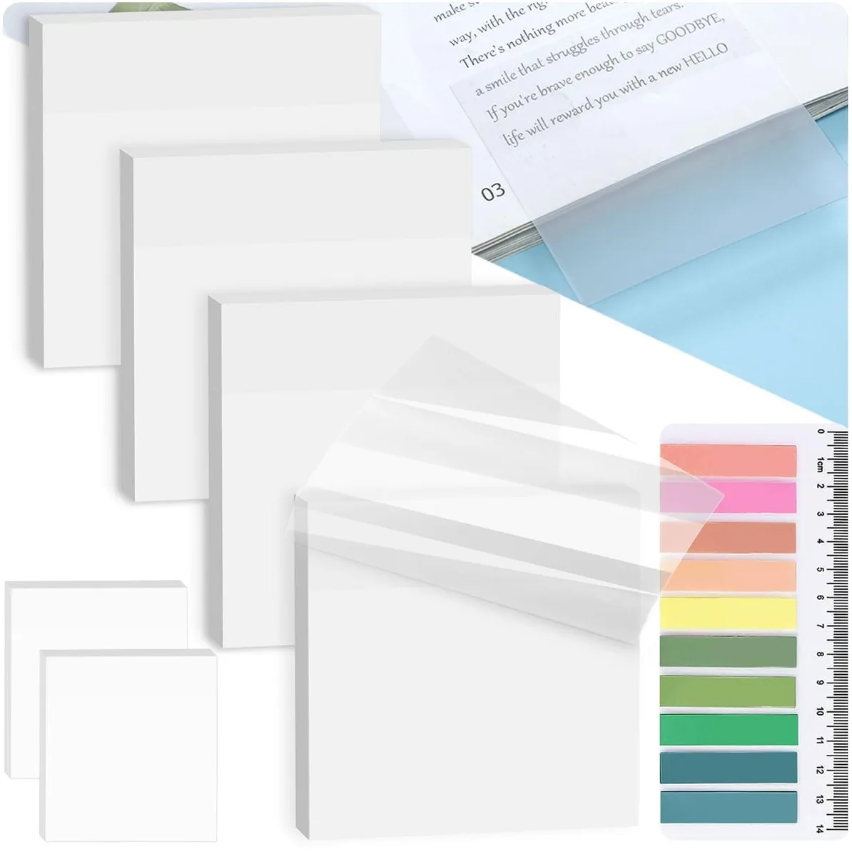 Clear square sticky notes in seven pads with coloured index tabs