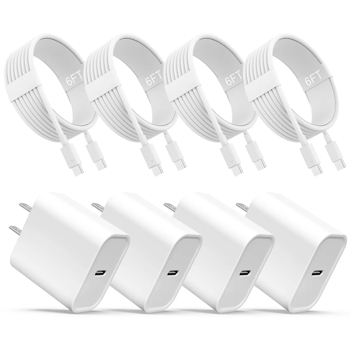 Four white USB-C wall chargers with matching six-foot cables laid out together