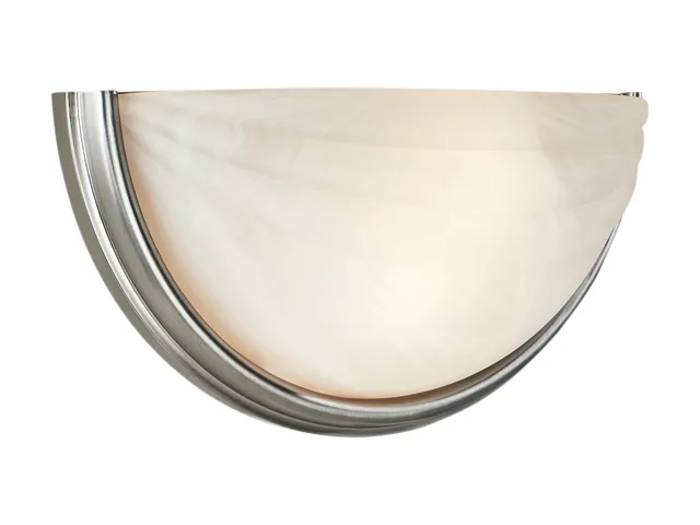 Satin metal wall sconce with two alabaster glass shades, 13 wide by 6.5 high