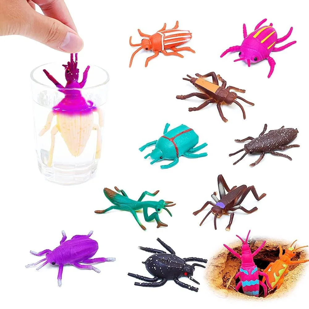 Ten stretchy plastic insects in bright colours that change at 33 degrees