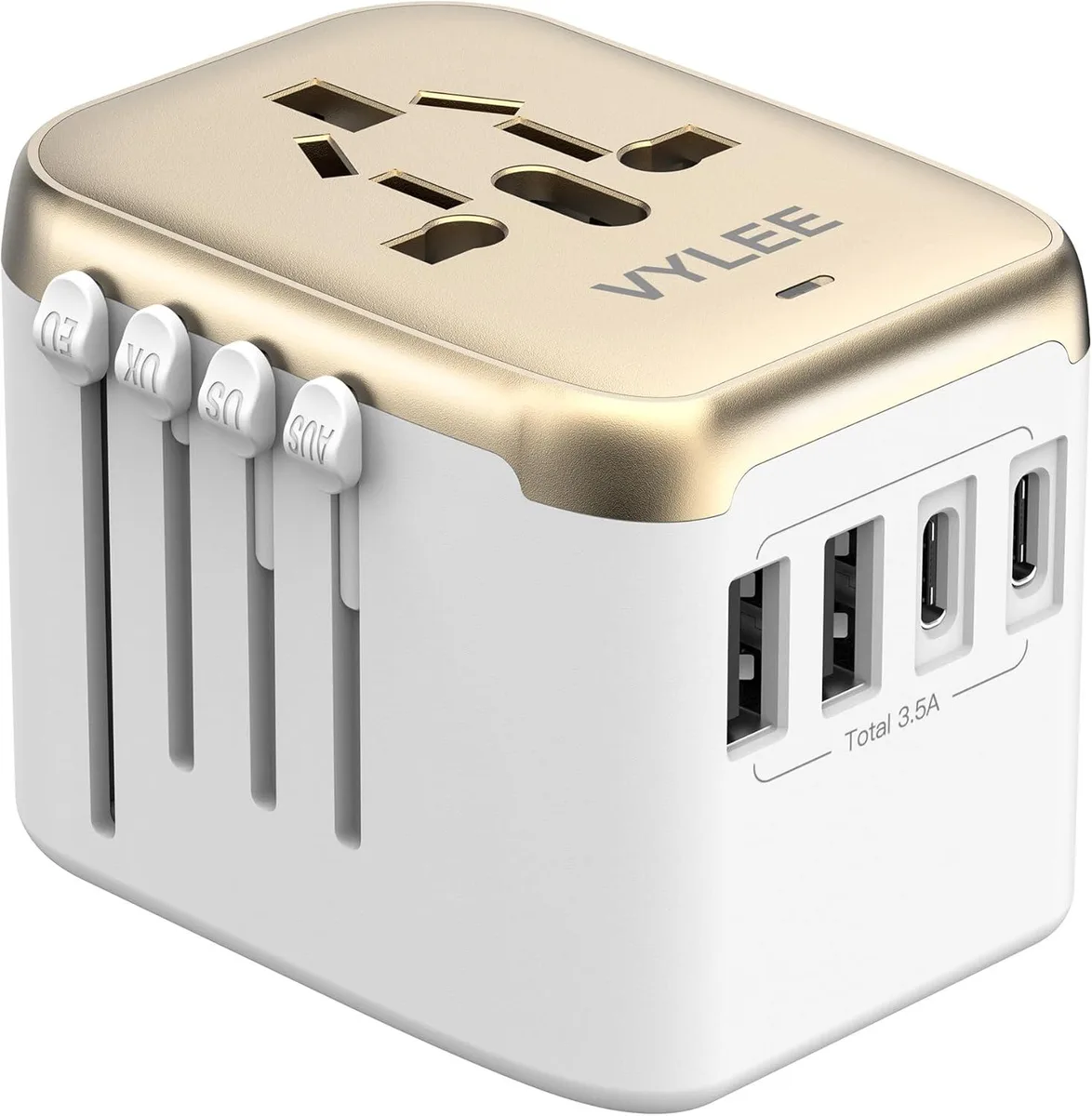BFKK BFKK Universal Travel Adapter 5 in 1 3.5A USB-A USB-C AC Outlet White Gold — product photo