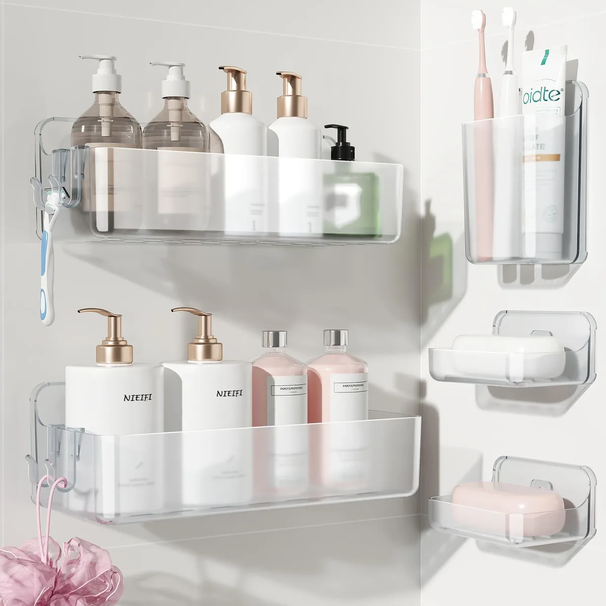 Five clear frosted rectangular shower caddies with adhesive backing
