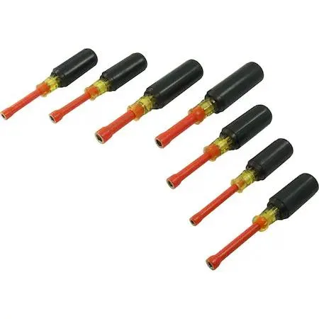 Seven insulated nut drivers in a canvas pouch