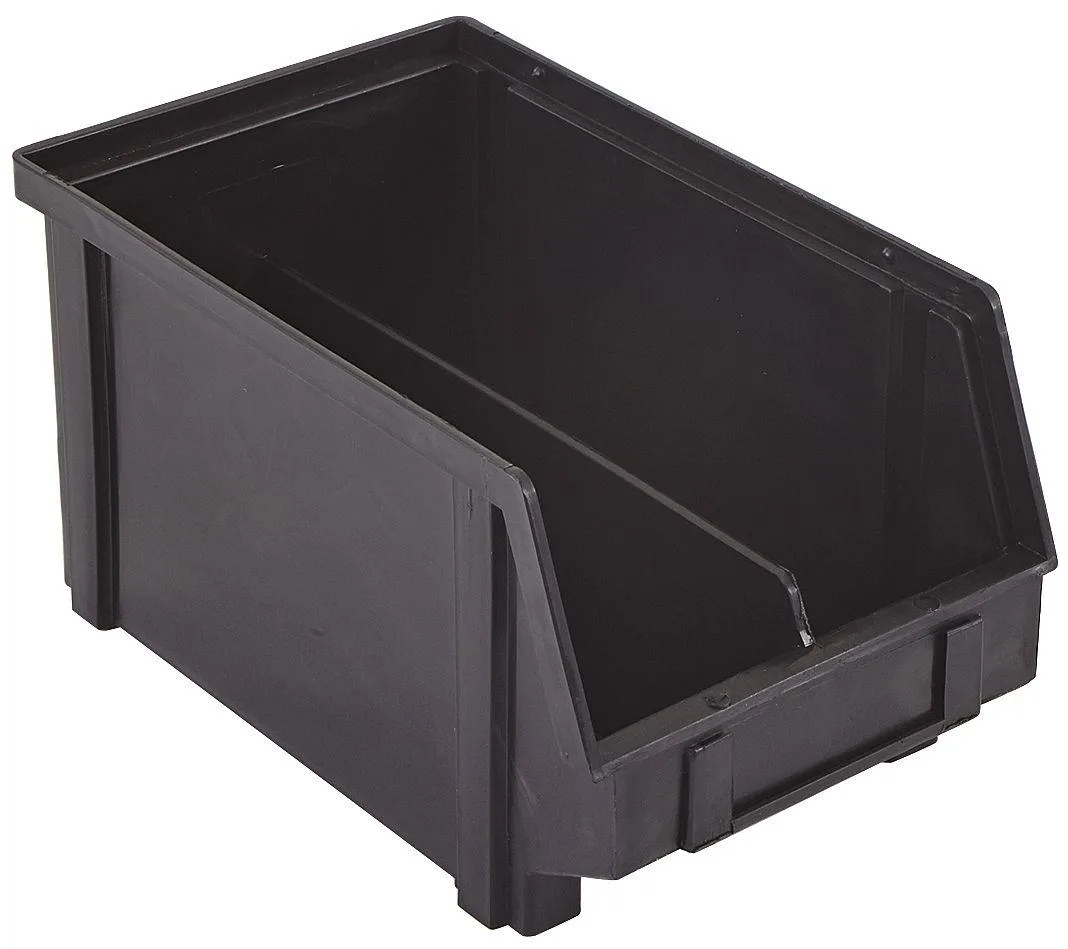 Black ESD conductive stack-and-hang bin with divider and label holder