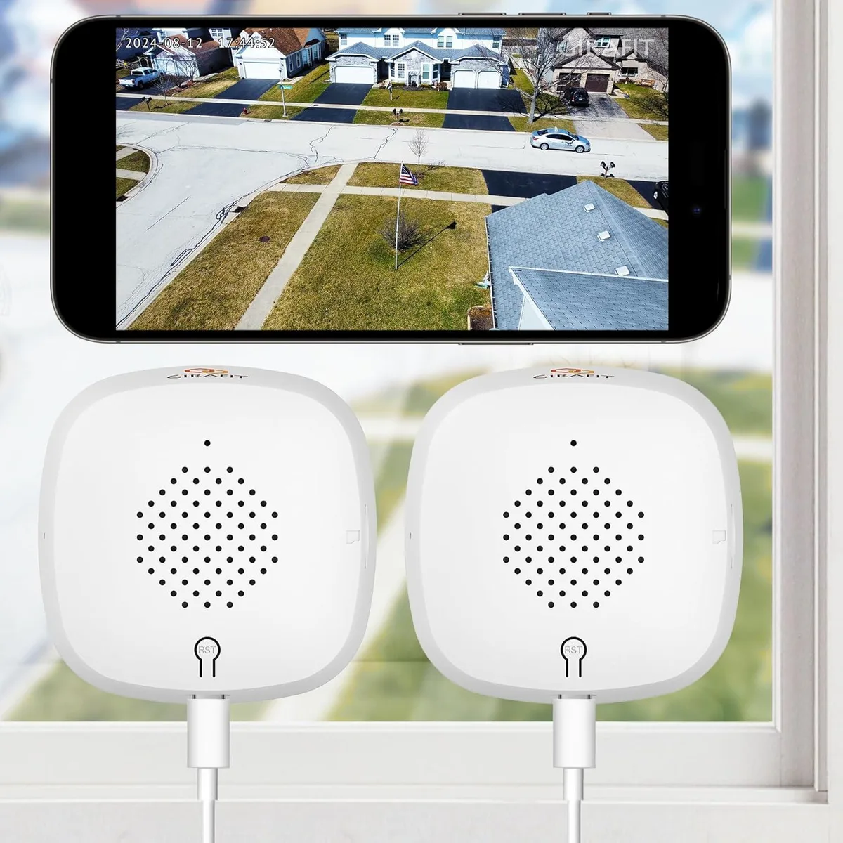 White square cube window camera with adhesive mount and data cable