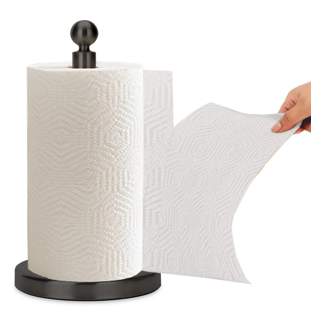 Stainless steel base paper towel holder, black matte finish, weighted base with felt pad, top knob