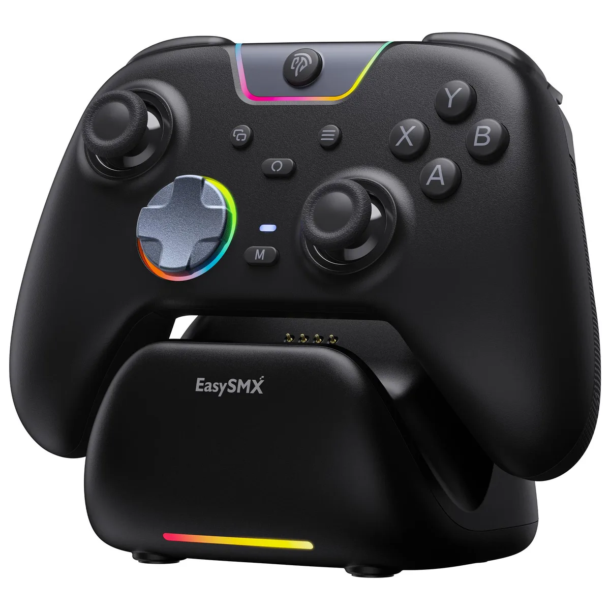 Black wireless gamepad on matching charging dock, matte finish with textured grips