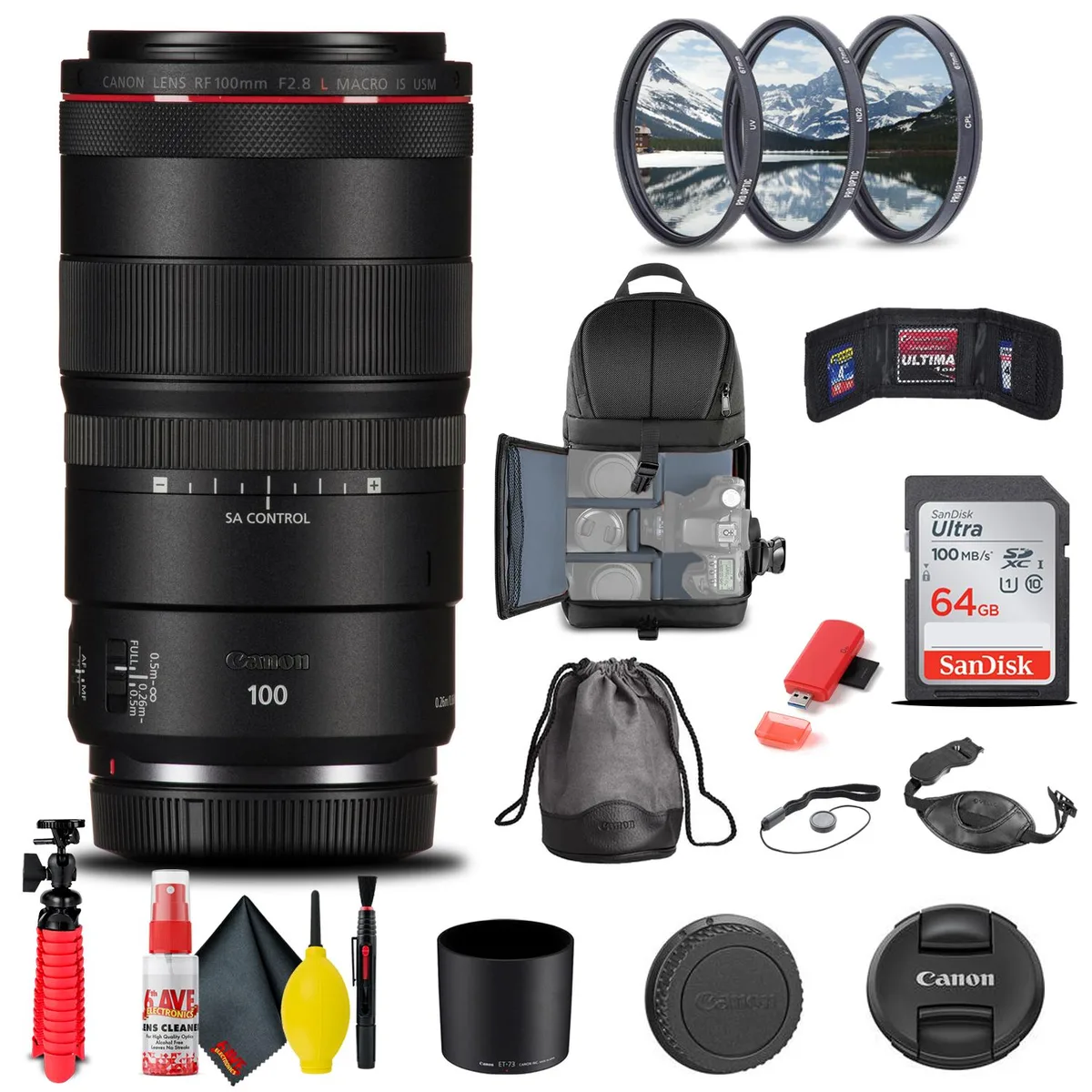 Canon Canon RF 100mm f/2.8L Macro IS USM Lens Bundle with Filter Kit, Backpack, 64GB Card and Accessories — product photo