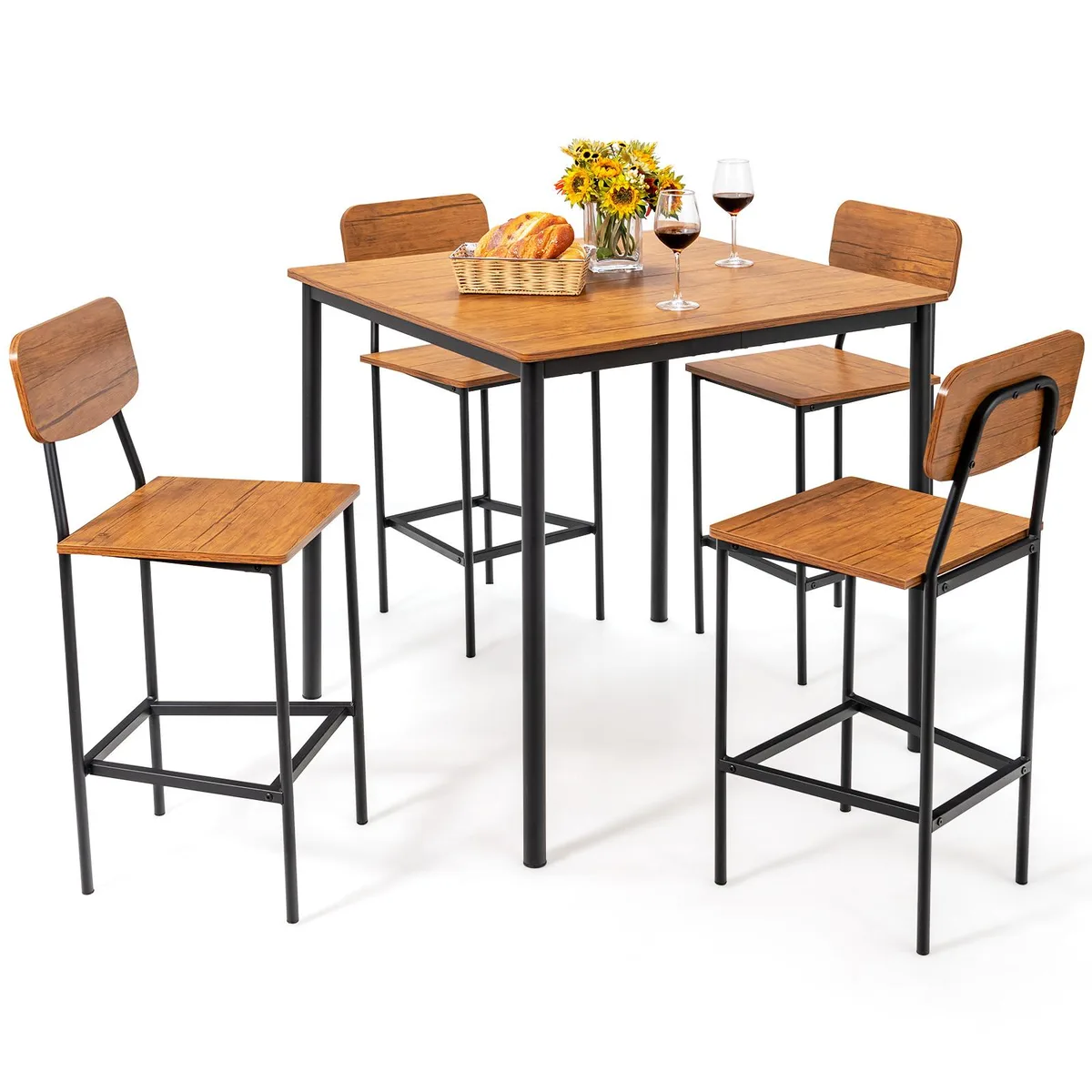 SlickBlue SlickBlue 5-Piece Industrial Dining Set Walnut 35.5" Table 4 Stools 16" x 38 — product photo