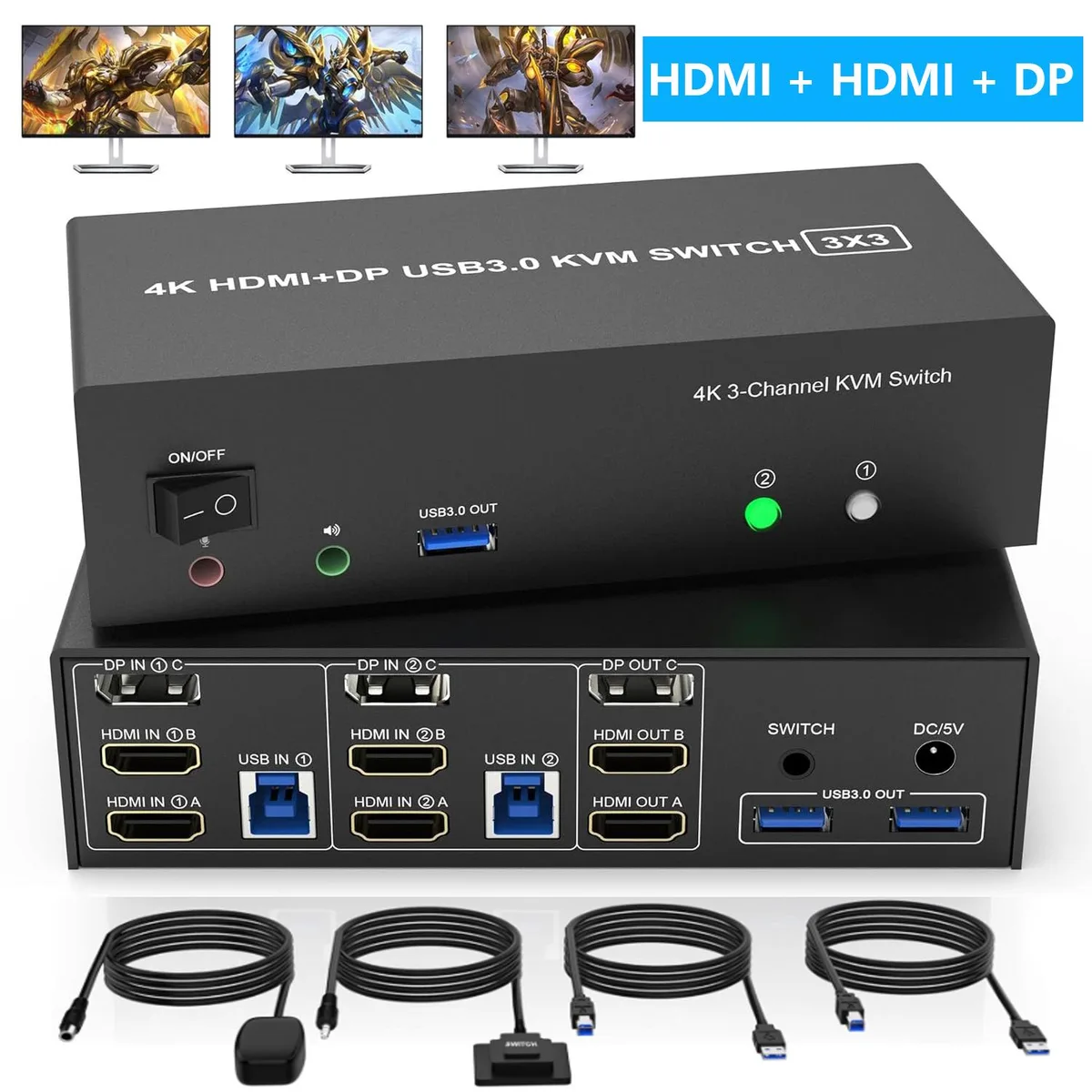 IHDAPP IHDAPP 2 HDMI + 1 DisplayPort KVM Switch 2 Computers 3 Monitors 4K@60Hz — product photo