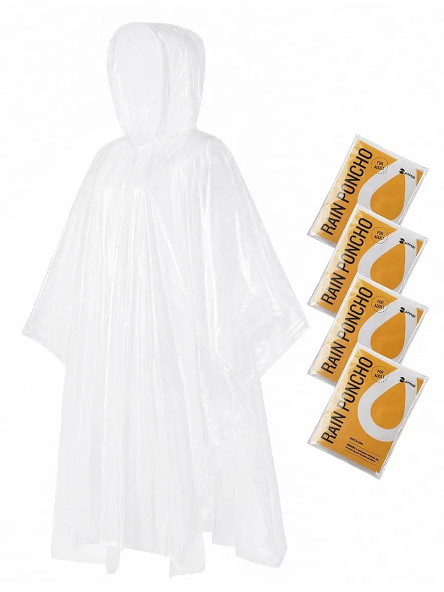 Four clear plastic emergency ponchos in compact white packaging