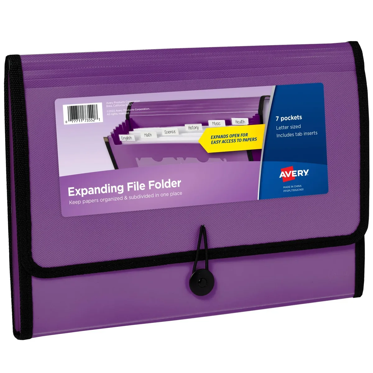 Plum accordion file folder with seven expanding pockets and elastic cord closure