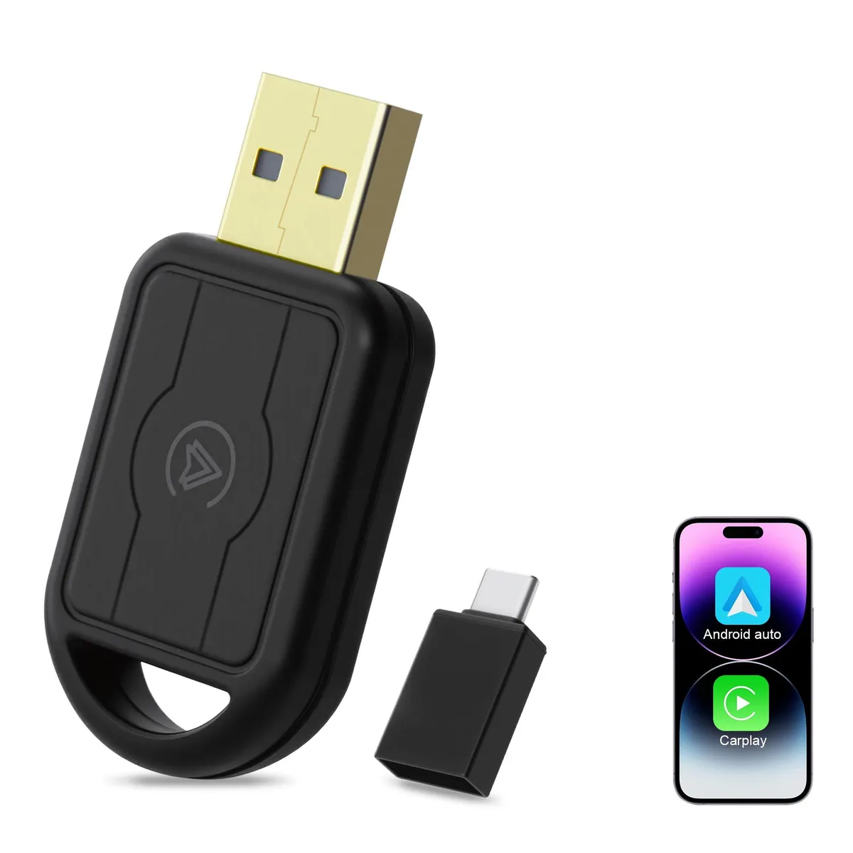 Small black rectangular adapter with USB-A and USB-C connectors