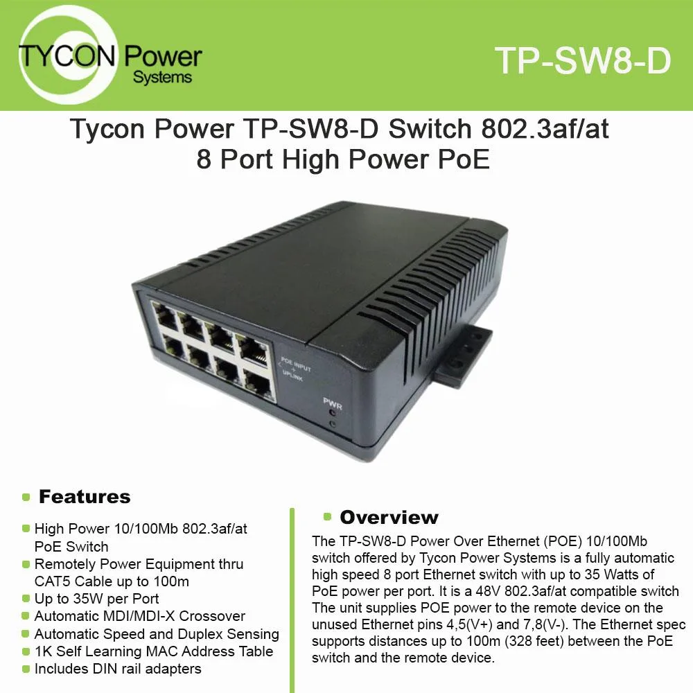 Tycon Power Tycon Power TP-SW8-D 8 Port 10/100 POE Switch — product photo