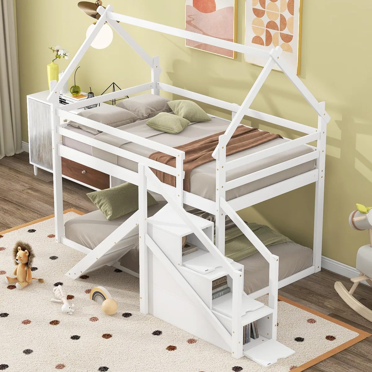 tuphen tuphen Twin over Twin House Loft Bunk Bed with Slide and Staircase White — product photo