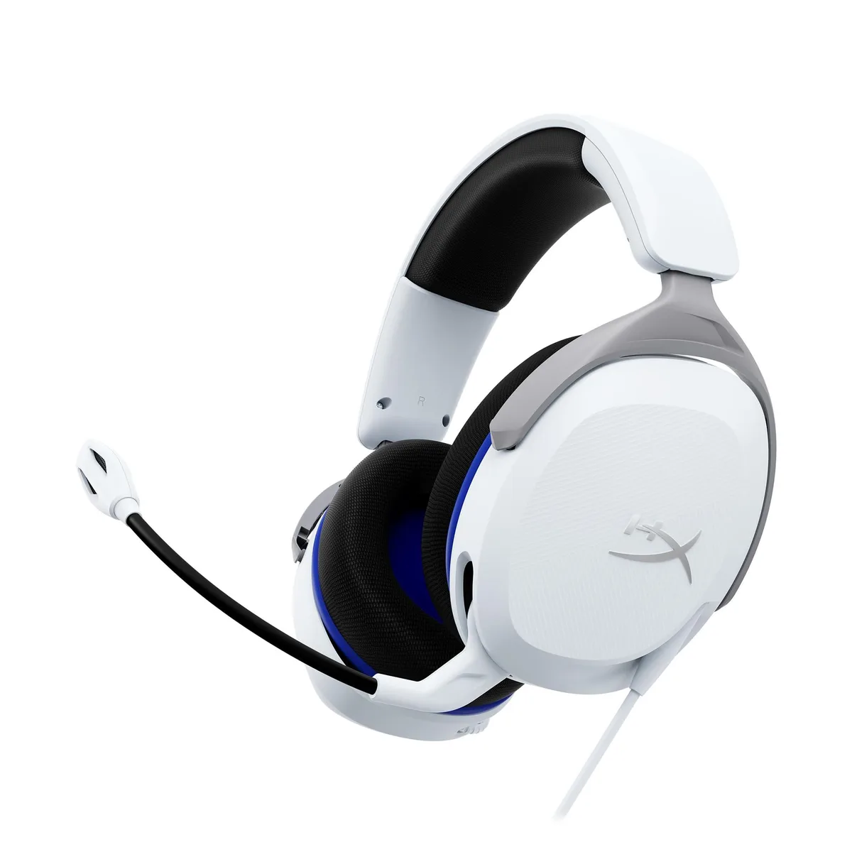 White over-ear gaming headset with flexible boom mic and inline volume control
