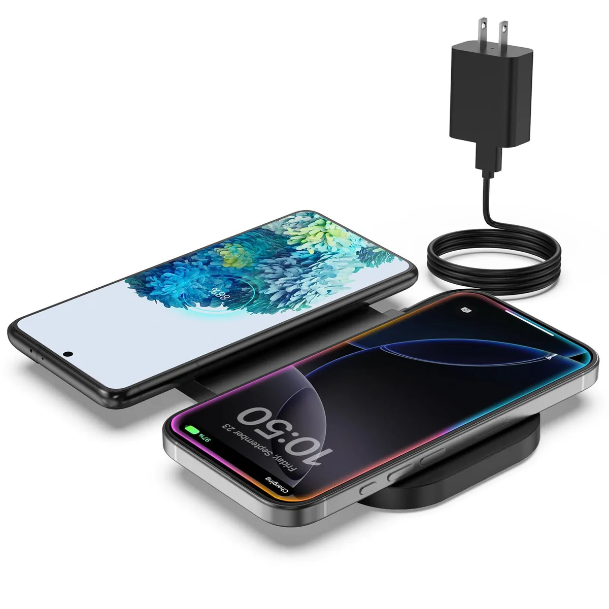 Flat rectangular dual wireless charging pad with anti-slip silicone surface and LED indicator lights
