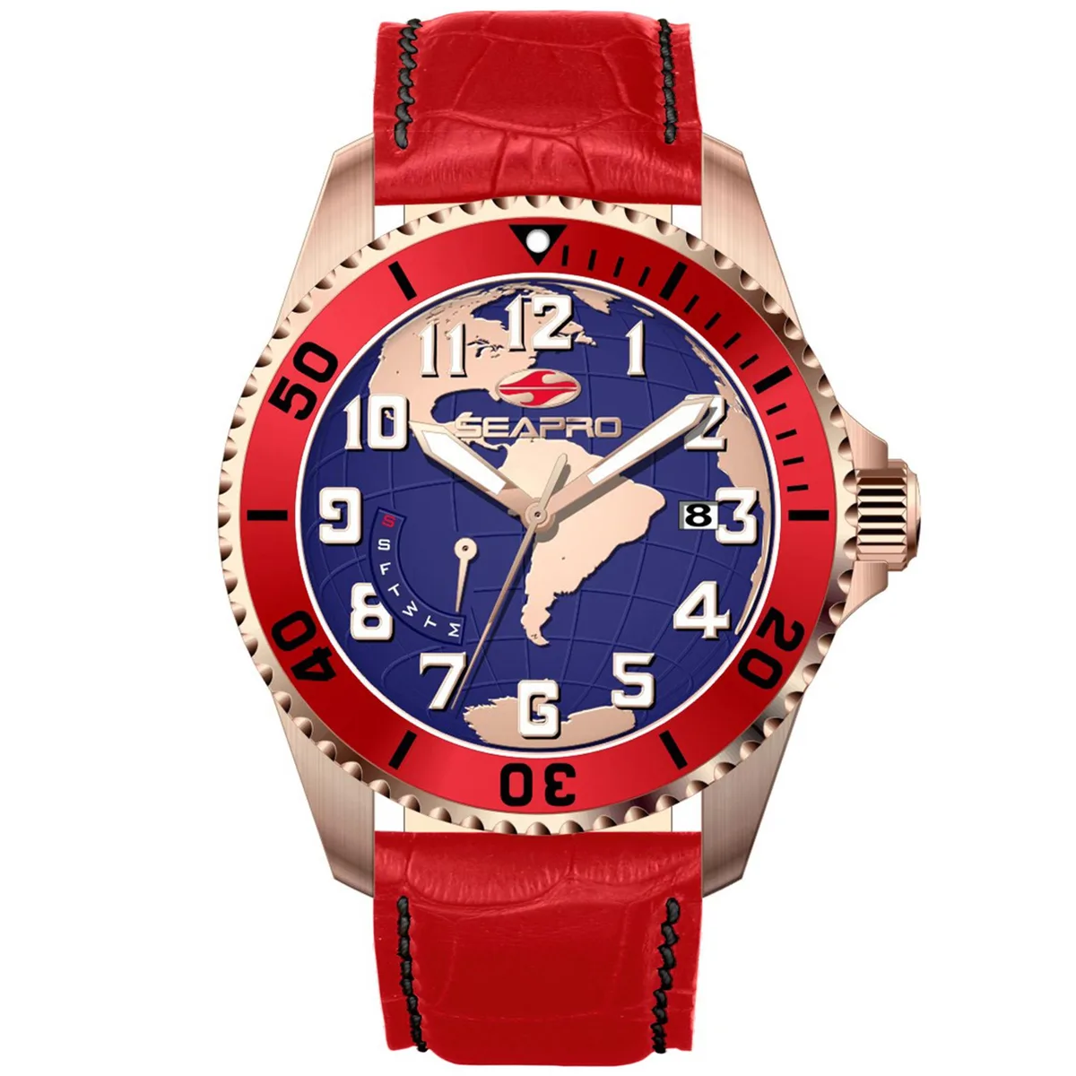 Silver stainless steel watch with blue dial and leather strap, water resistant 20 ATM