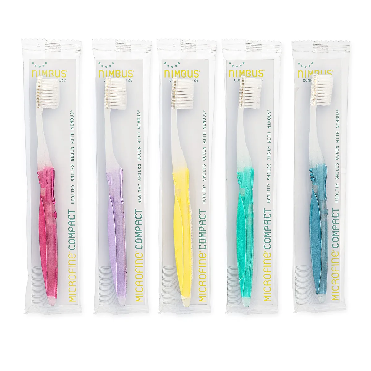 Five white manual toothbrushes with compact heads and extra-soft tapered bristles, individually wrapped