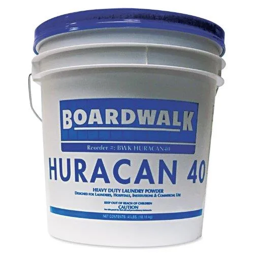 White plastic bucket containing lemon-scented laundry powder for 40 industrial loads