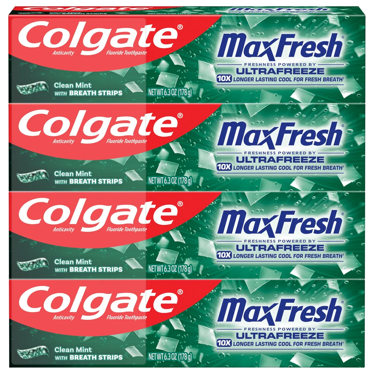 Four white 6.3 oz toothpaste tubes in a pack
