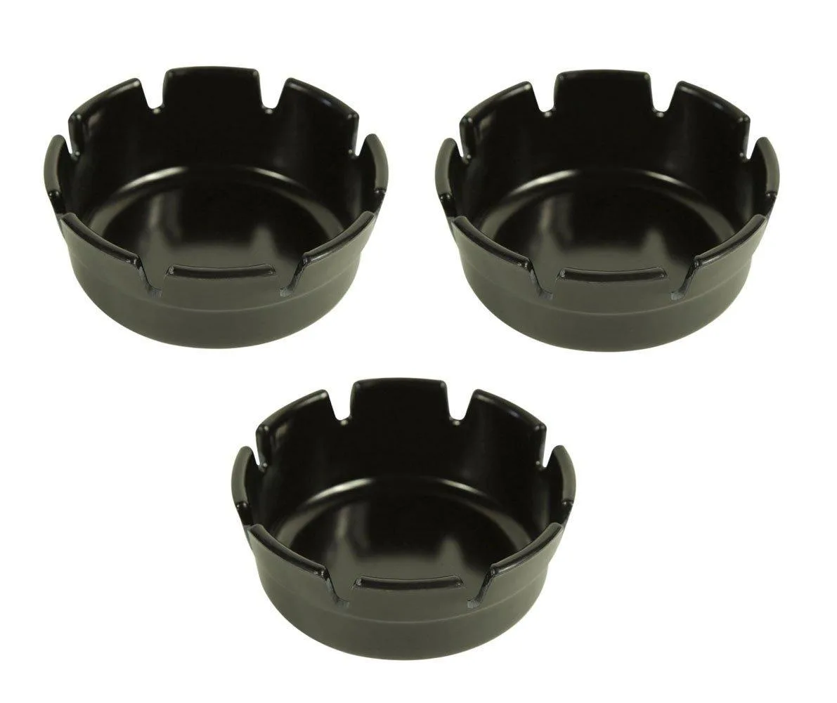 Three black round plastic ashtrays stacked together