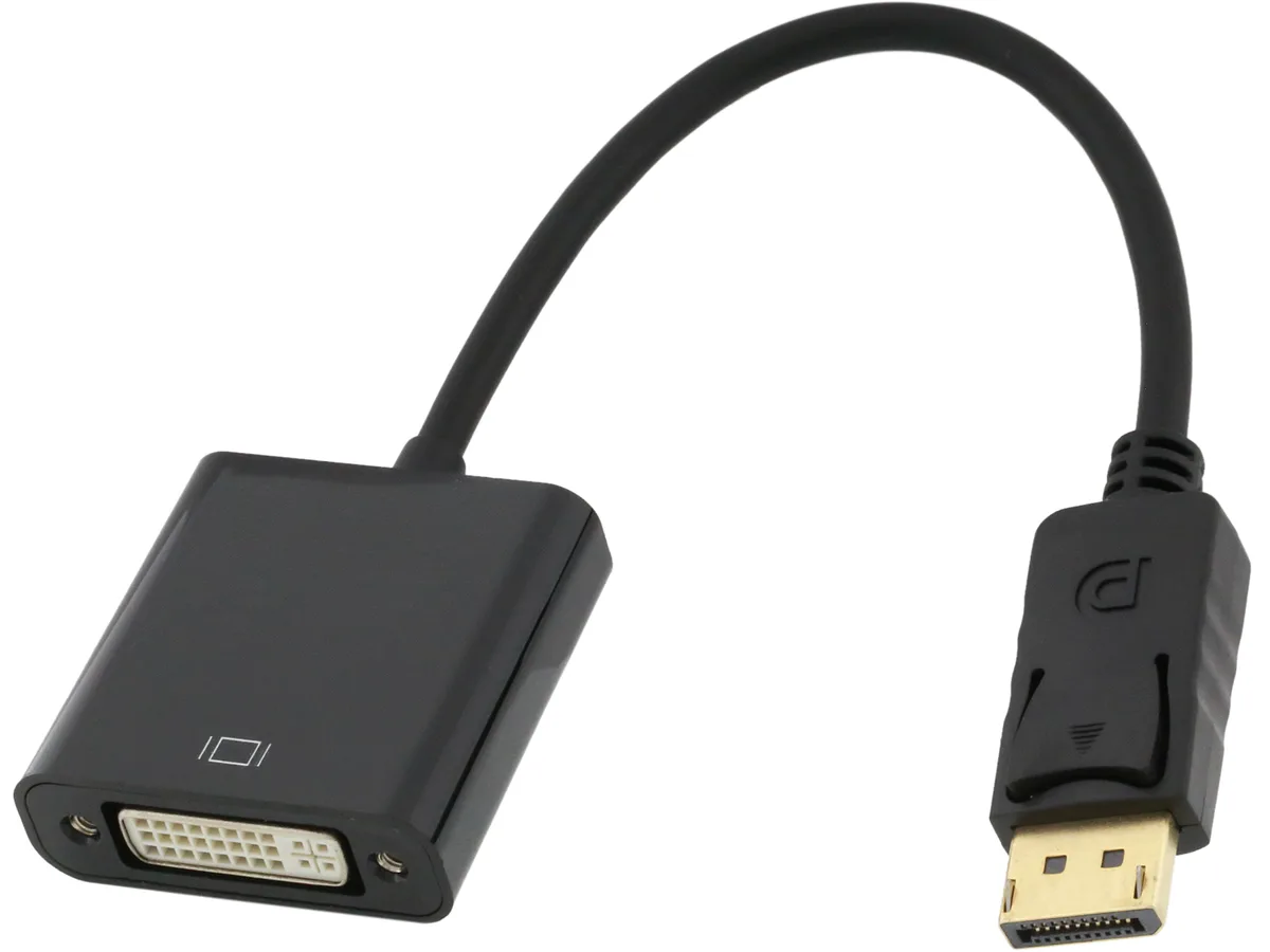 Black DisplayPort male to DVI-I female converter adapter with latch
