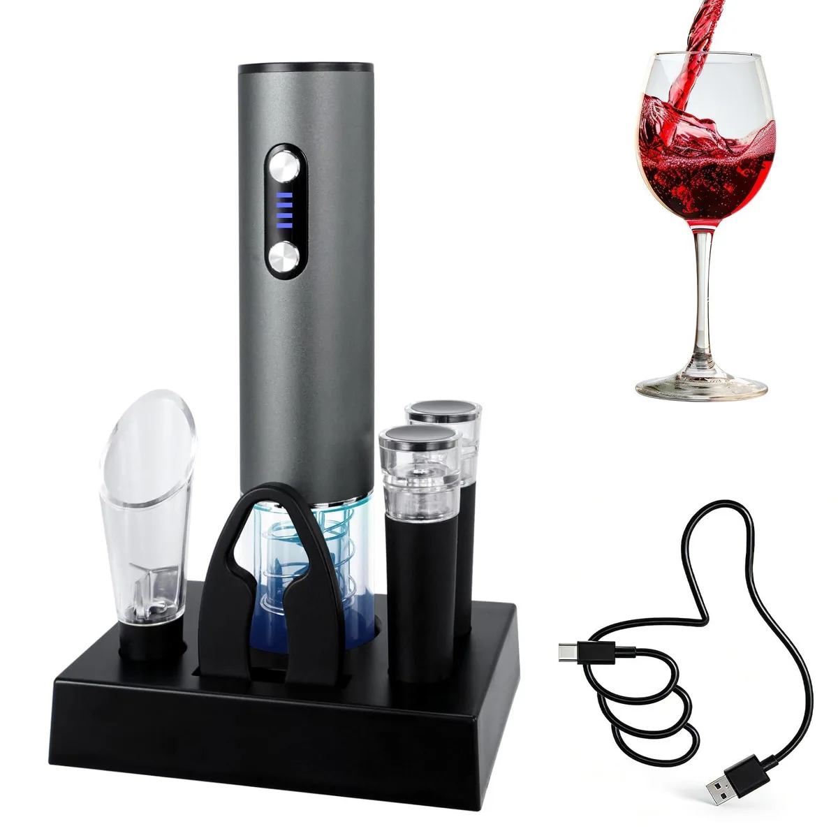Gray electric wine opener set with foil cutter aerator pourer two vacuum stoppers USB-C cable and storage base