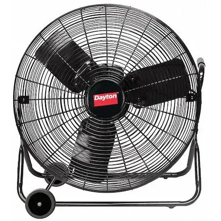 Silver 24 inch floor fan on four casters with three steel blades and black grille