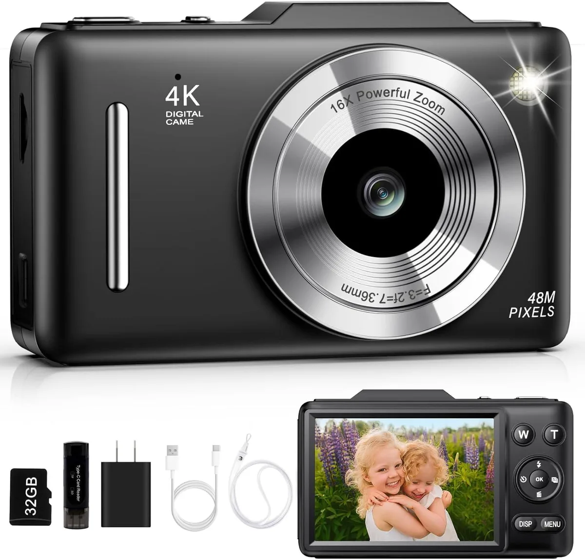  QUIOF F2 48MP 16X Zoom Point &amp; Shoot Camera Black — product photo