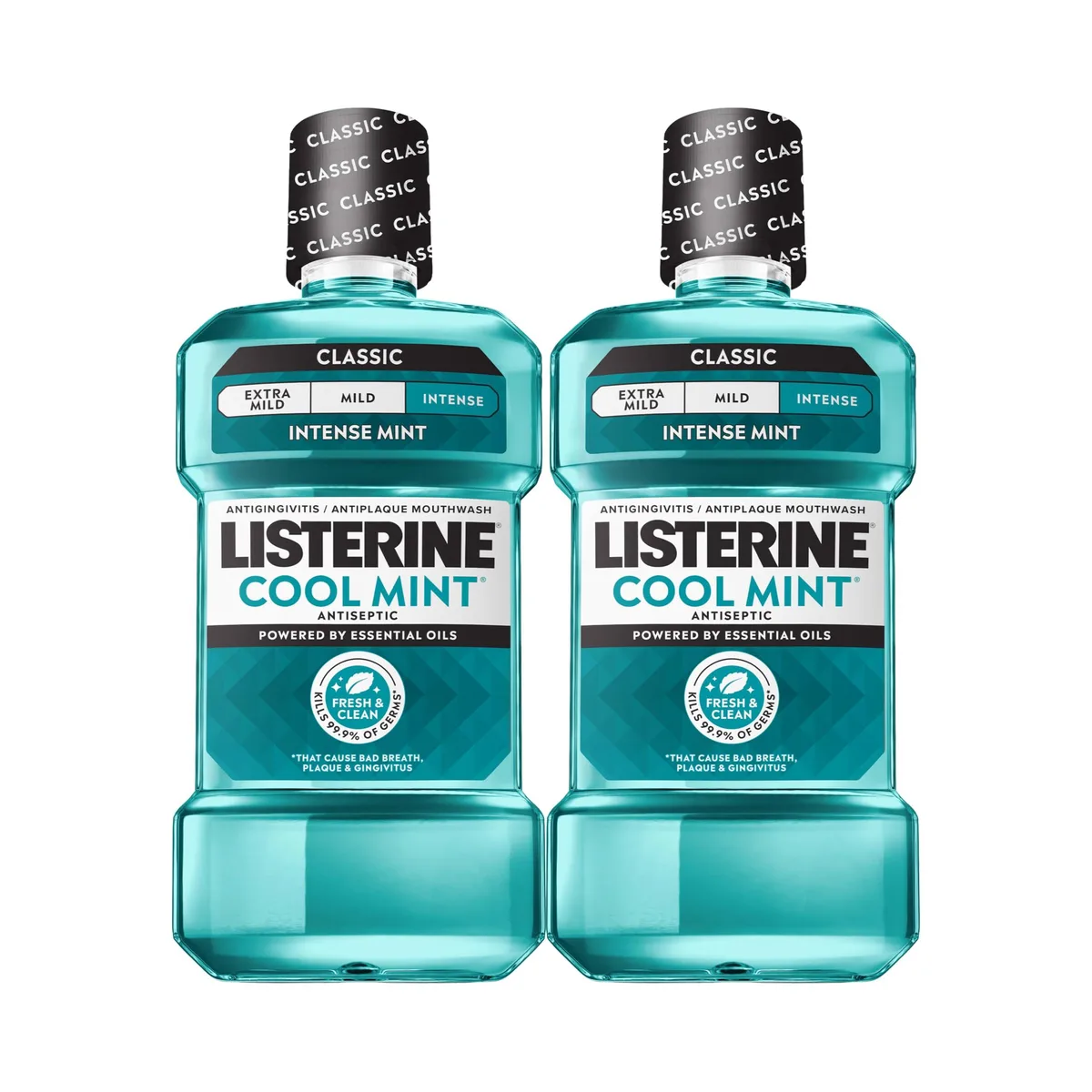 Two large white mouthwash bottles side by side