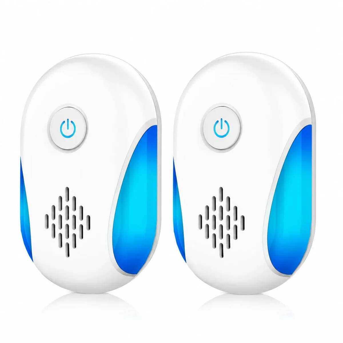 Two white rectangular plug-in pest repellers with front-facing speaker grilles