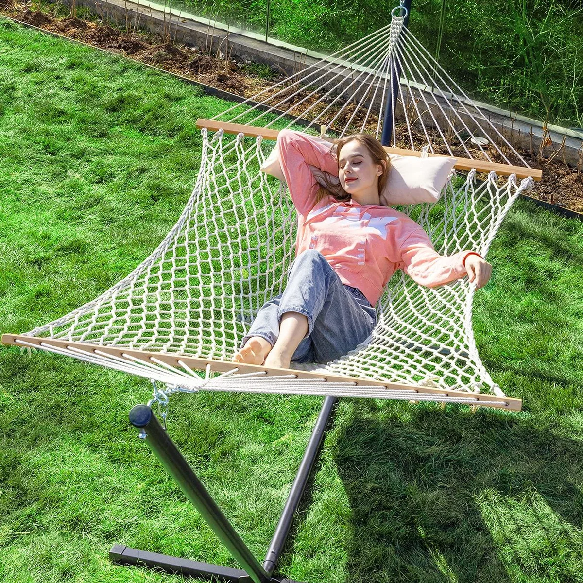 Burlywood cotton rope hammock on steel stand with pillow