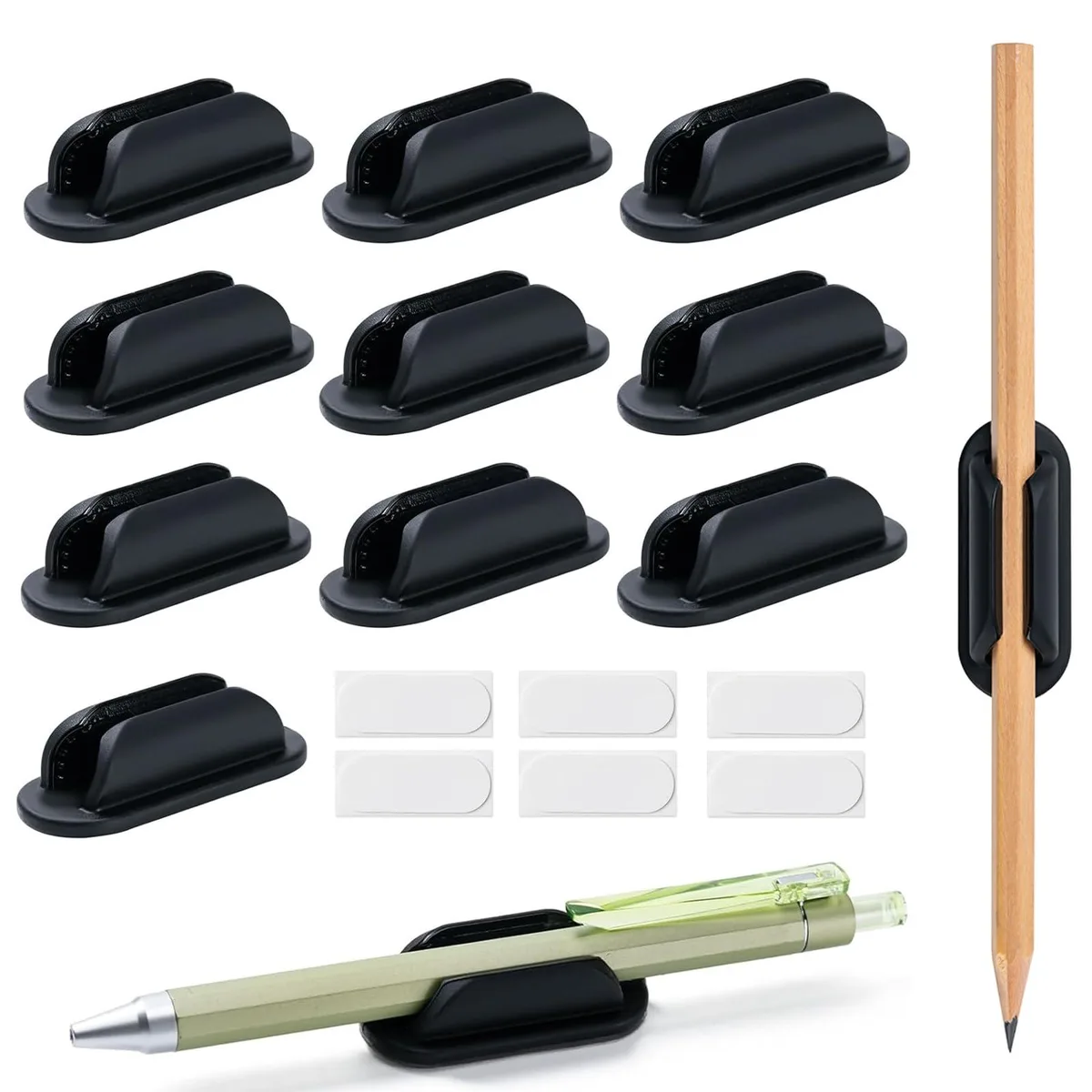 Ten black silicone pencil holders with adhesive backing, each 1.94 x .7 x .59 inches