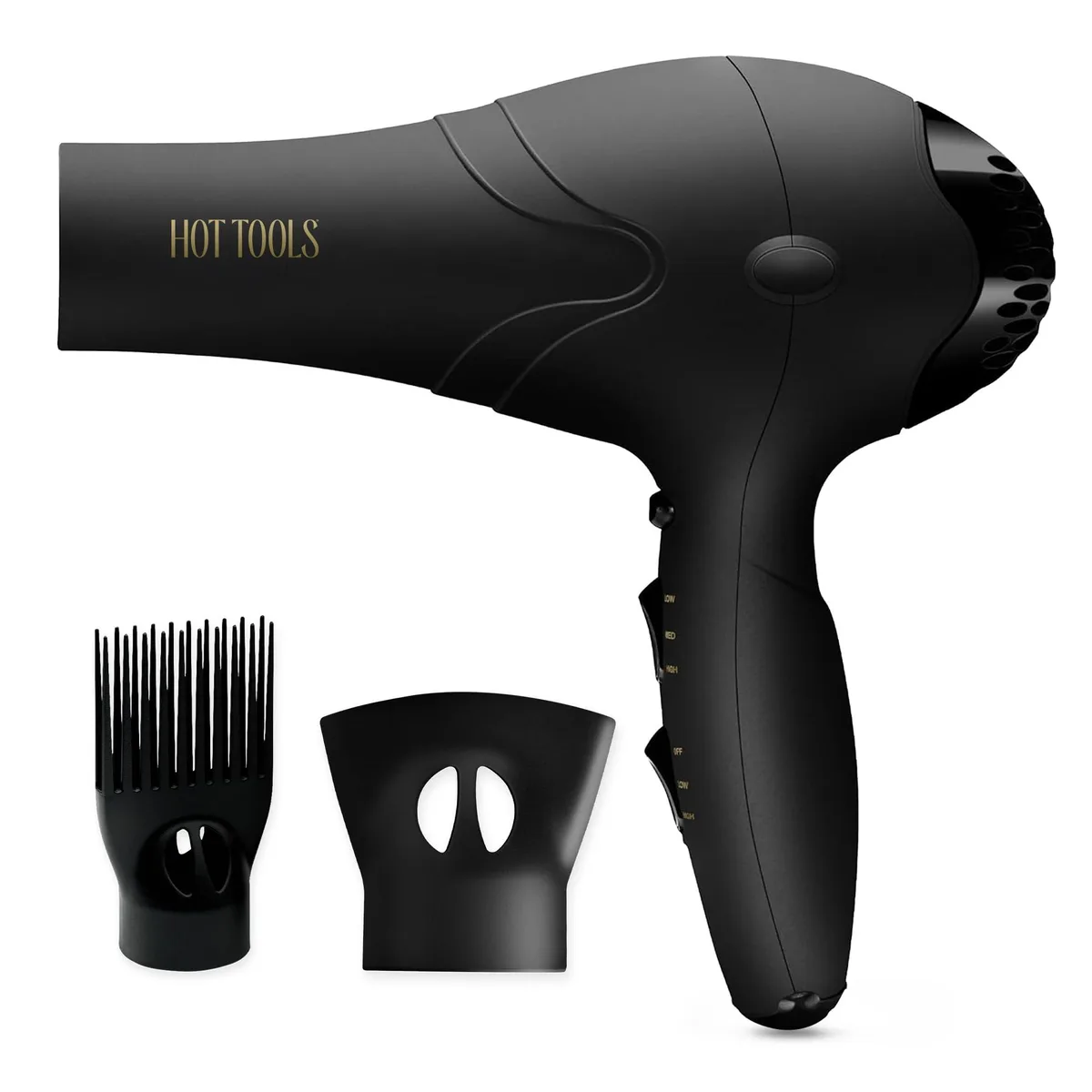 Black hair dryer, lightweight body, 10.5 inches long, 8 ft cord