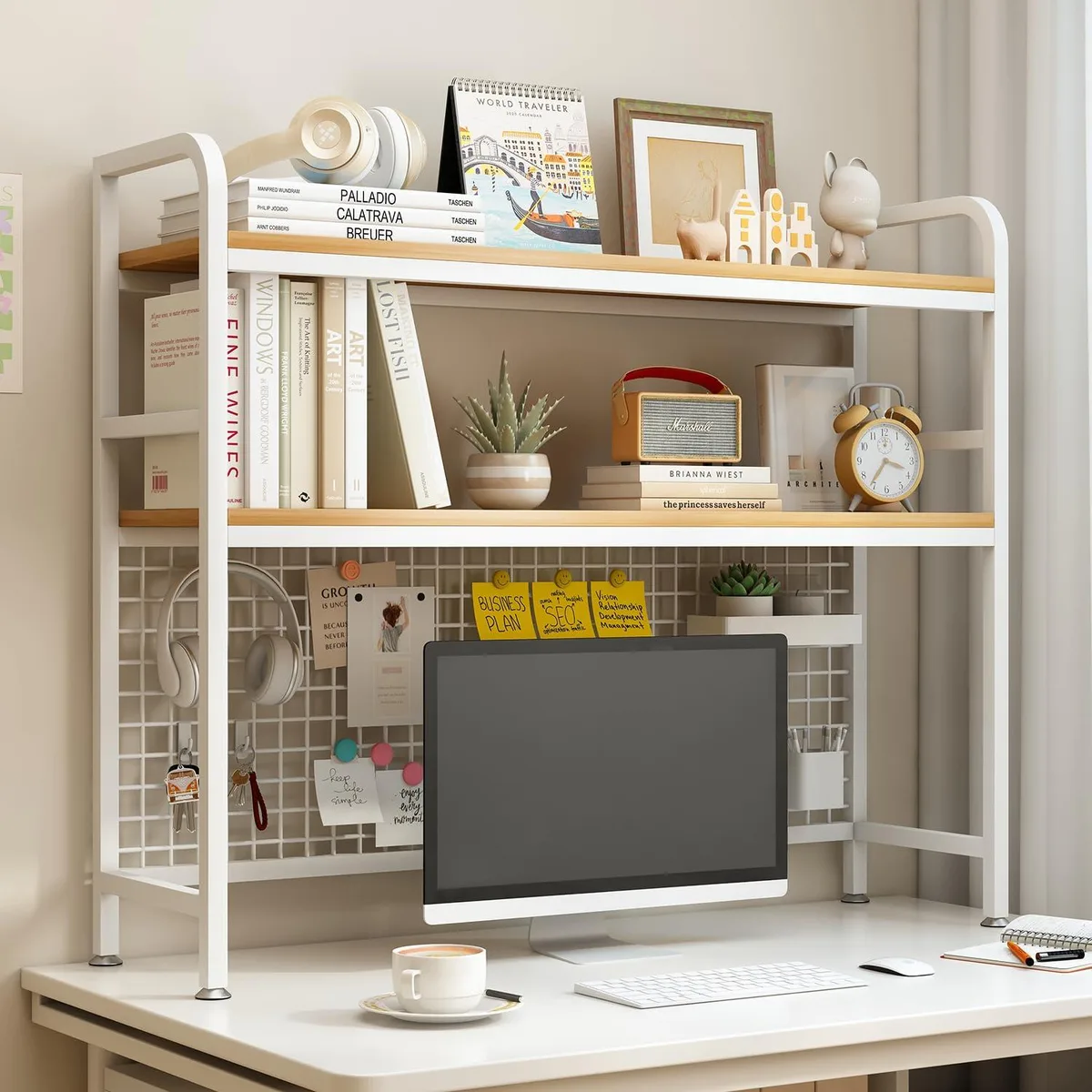 White two-tier desktop hutch with metal grid back panel, 45.3 inches wide