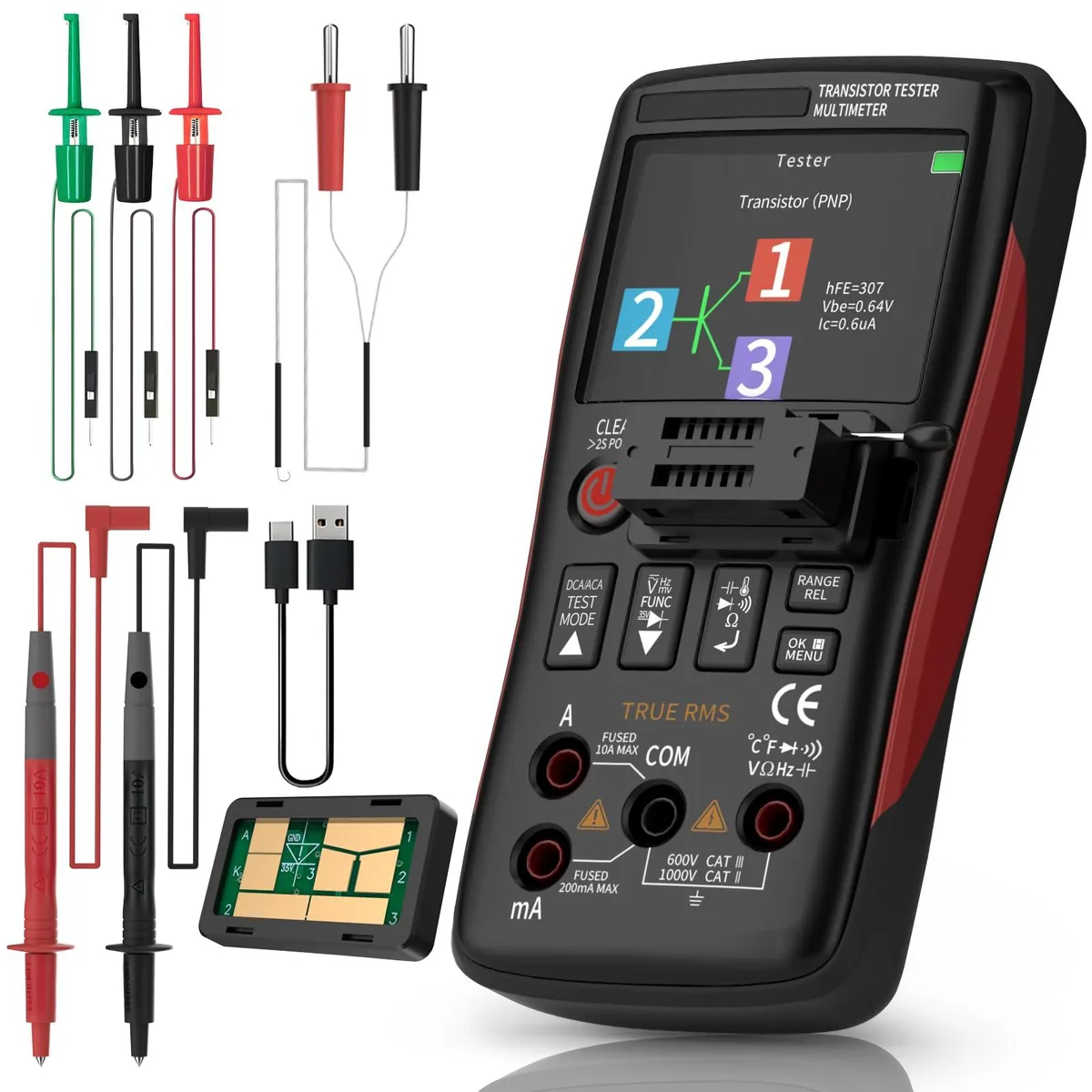 Handheld digital multimeter with 2.4 inch color screen, dark rectangular body, test leads attached